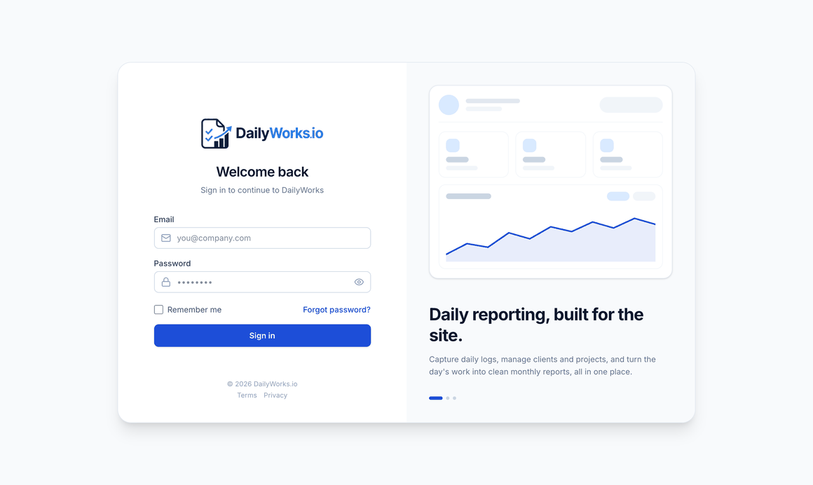 Animated walkthrough of DailyWorks: the sign-in screen, manager dashboard, daily logs, a signed day report, the approvals queue, and monthly reports